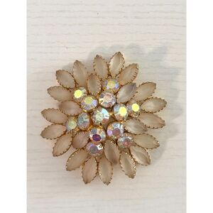 Vintage AB Rhinestone Flower Brooch Frosted Navette Petal Pin Gold Tone MCM